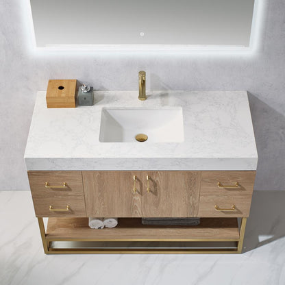 48" Single Vanity with White Grain Stone Countertop With Mirror