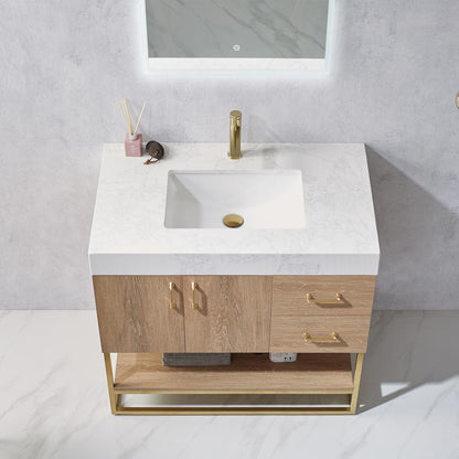 36" Single Vanity with White Grain Stone Countertop With Mirror