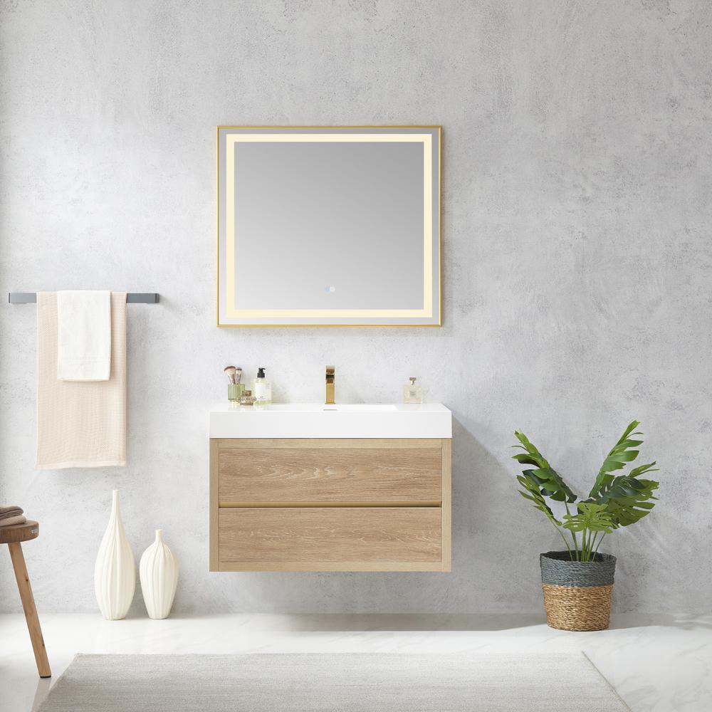 Single Sink Wall-Mount Bath Vanity Composite Integral Square Sink Top, Mirror