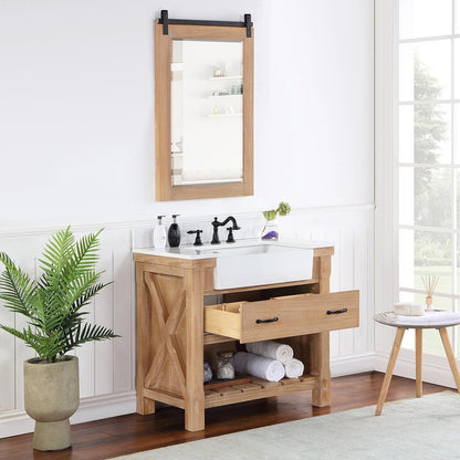 Single Bath Vanity with Composite Stone Top, White Farmhouse Basin and Mirror