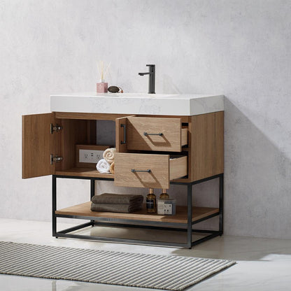 36B" Single Vanity with White Grain Stone Countertop Without Mirror