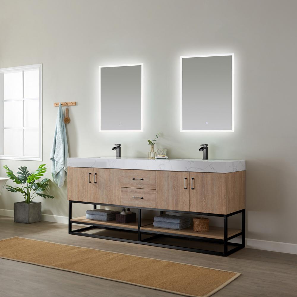 72B" Double Vanity with White Grain Stone Countertop With Mirror