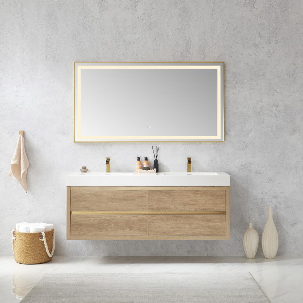 Double Sink Wall-Mount Bath Vanity Composite Integral Sink Top and Mirror