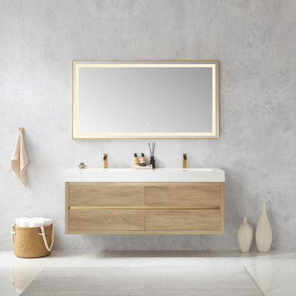 Double Sink Wall-Mount Bath Vanity Composite Integral Sink Top and Mirror