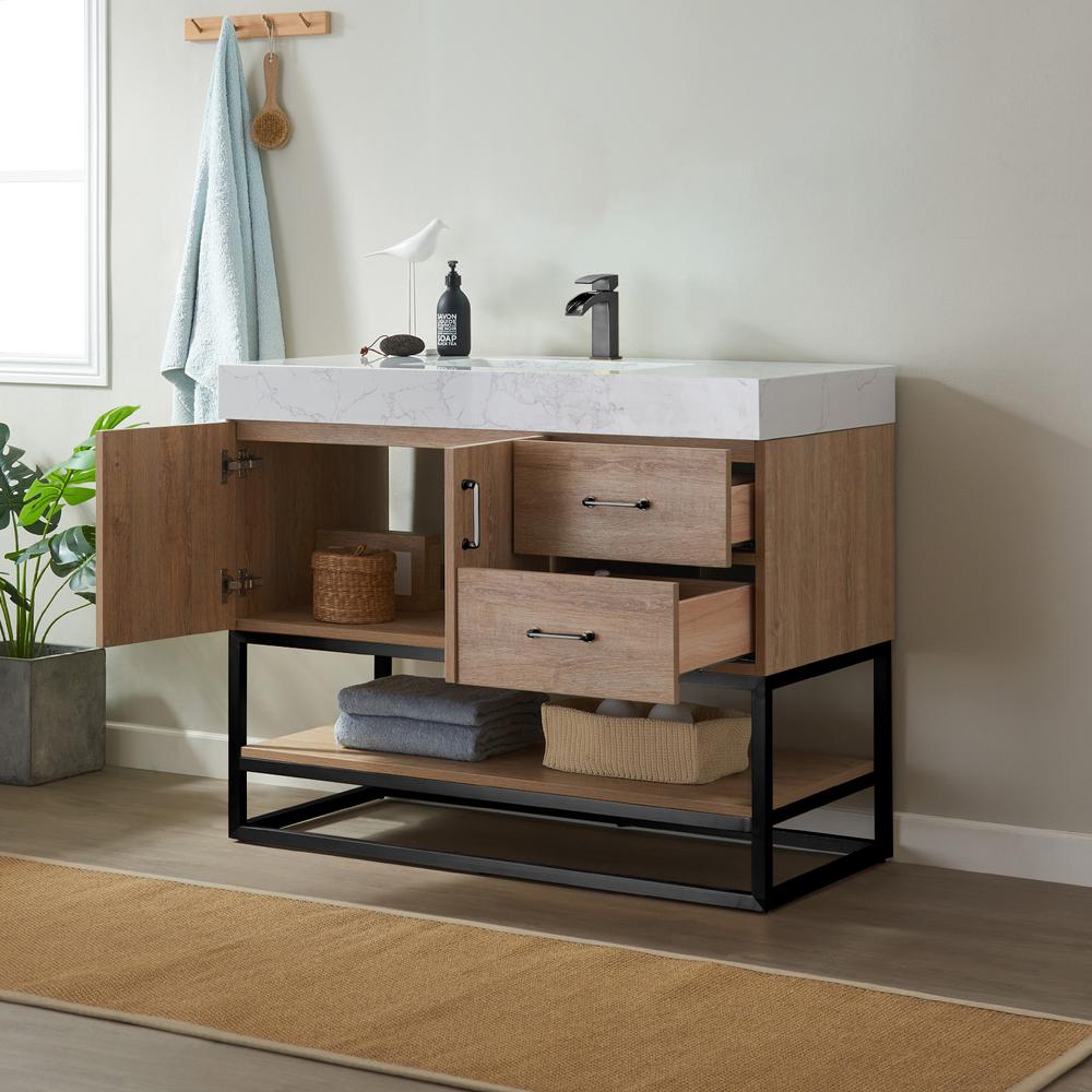 42B" Single Vanity with White Grain Stone Countertop Without Mirror