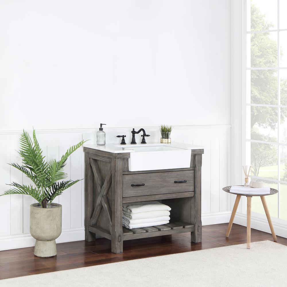 Single Bath Vanity with Composite Stone Top, White Farmhouse Basin