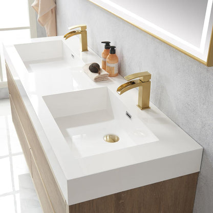 Double Sink Wall-Mount Bath Vanity Composite Integral Sink Top and Mirror