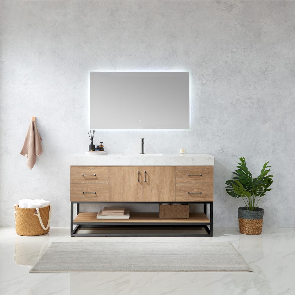 60BS" Single Sink Bath Vanity with White Grain Stone Countertop and Mirror