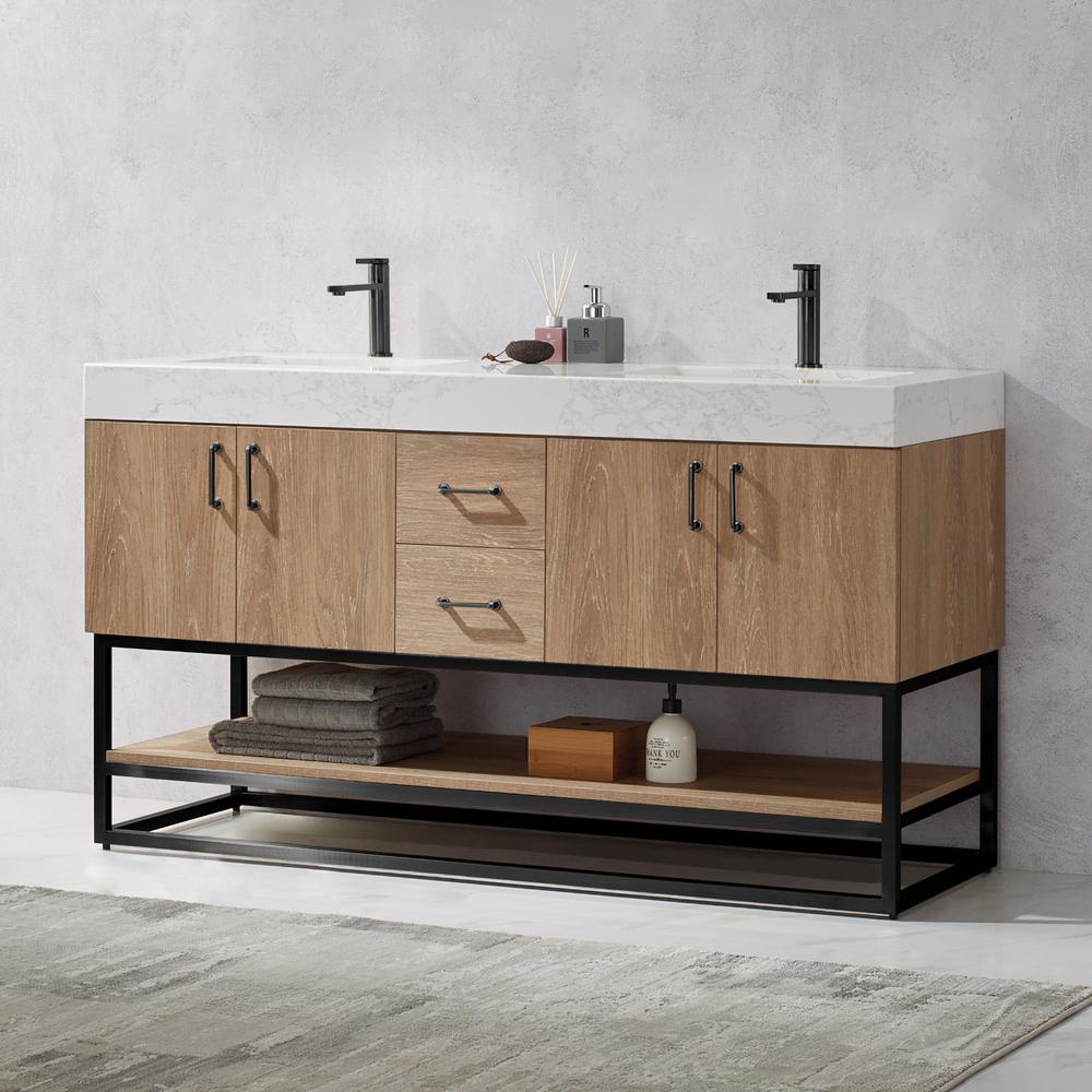 60B" Double Vanity with White Grain Stone Countertop Without Mirror