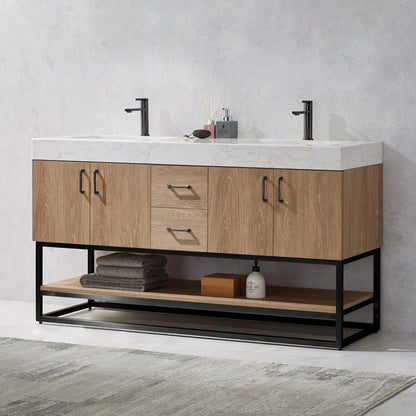 60B" Double Vanity with White Grain Stone Countertop Without Mirror