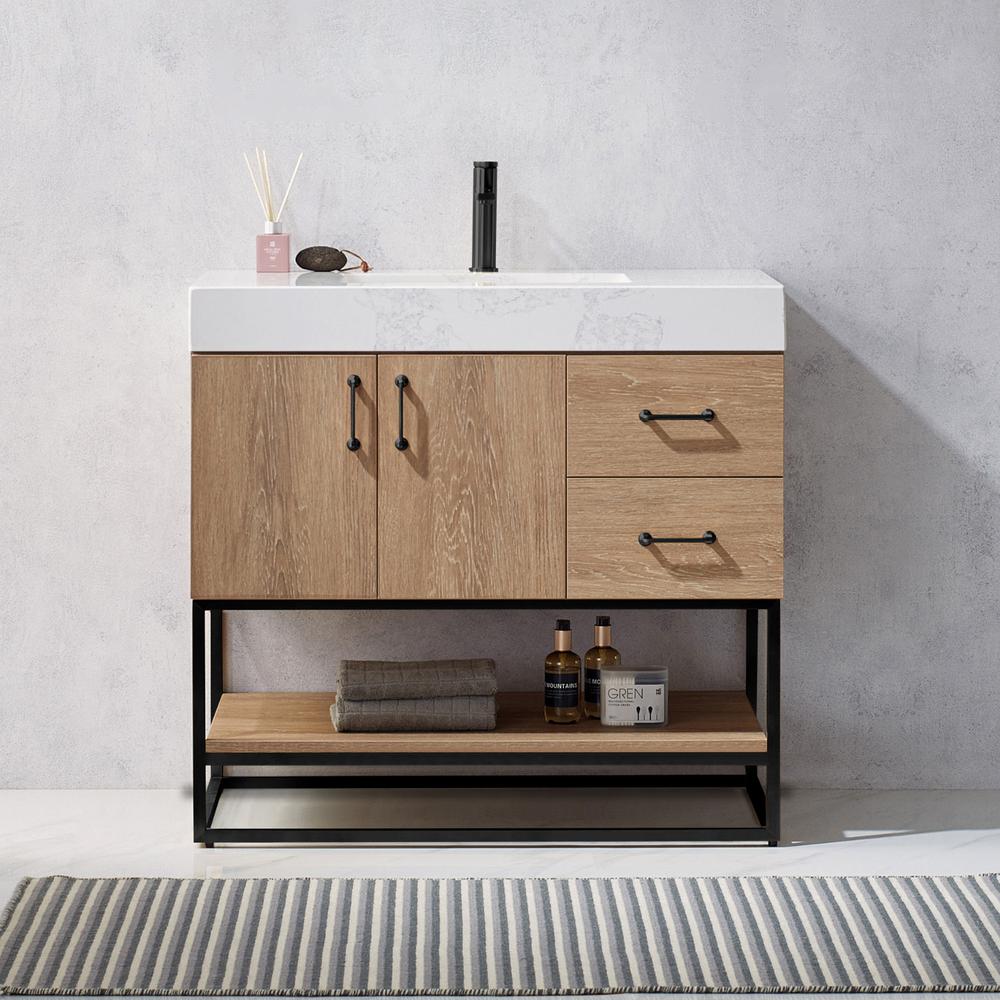 36B" Single Vanity with White Grain Stone Countertop Without Mirror