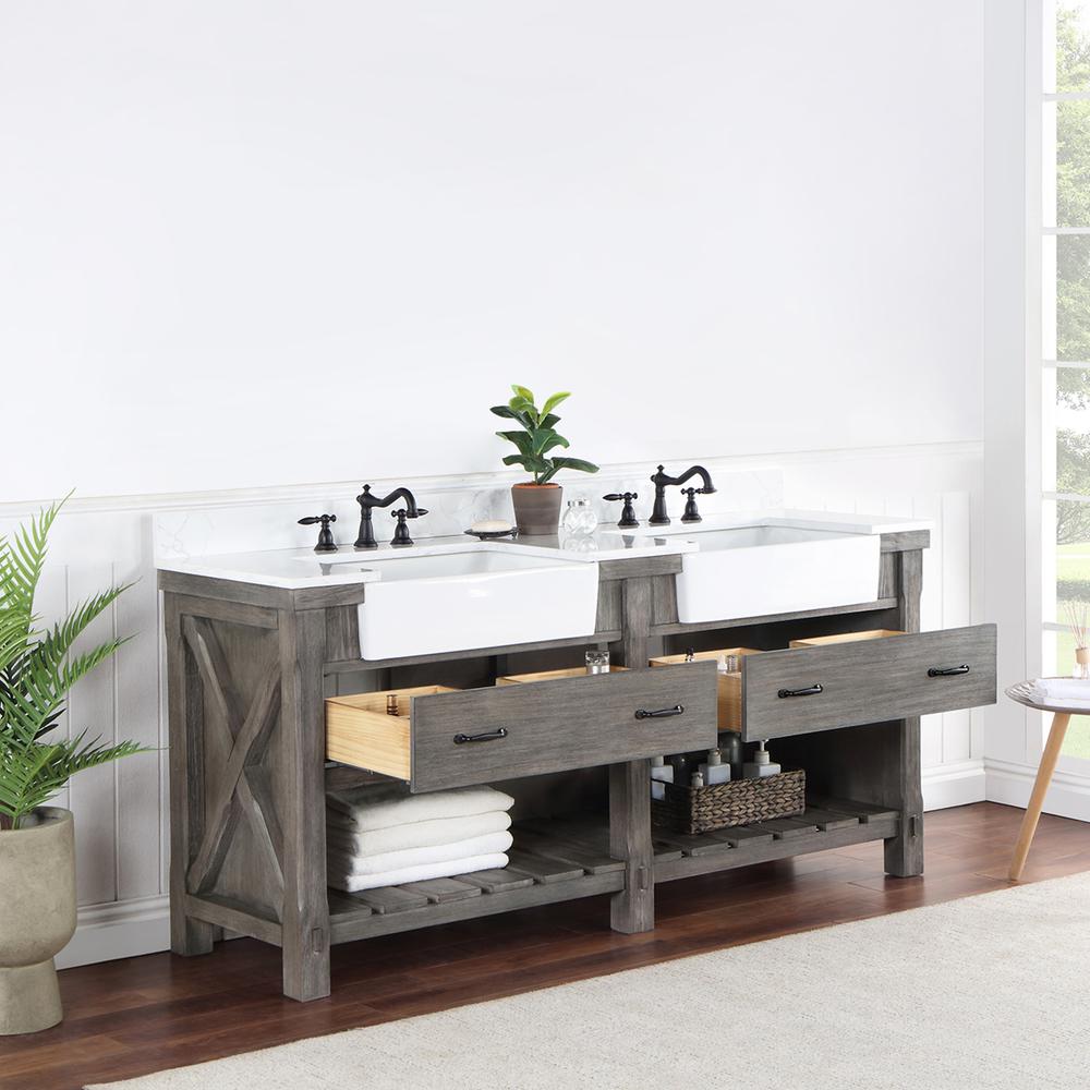 Double Bath Vanity with Composite Stone Top, White Farmhouse Basin