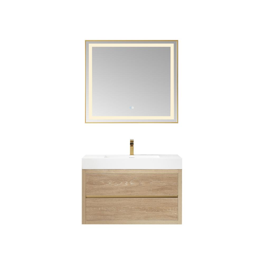 Single Sink Wall-Mount Bath Vanity Composite Integral Square Sink Top, Mirror