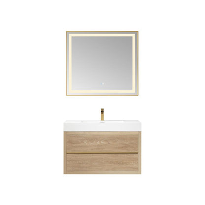 Single Sink Wall-Mount Bath Vanity Composite Integral Square Sink Top, Mirror
