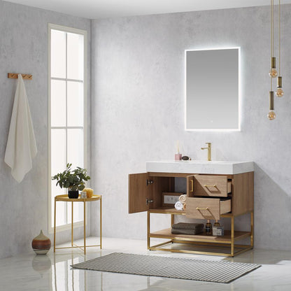 36" Single Vanity with White Grain Stone Countertop With Mirror