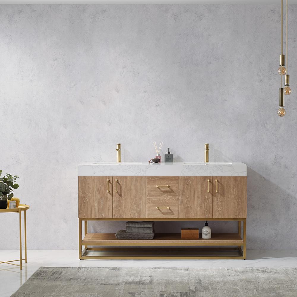 60" Double Vanity with White Grain Stone Countertop Without Mirror