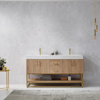 60" Double Vanity with White Grain Stone Countertop Without Mirror