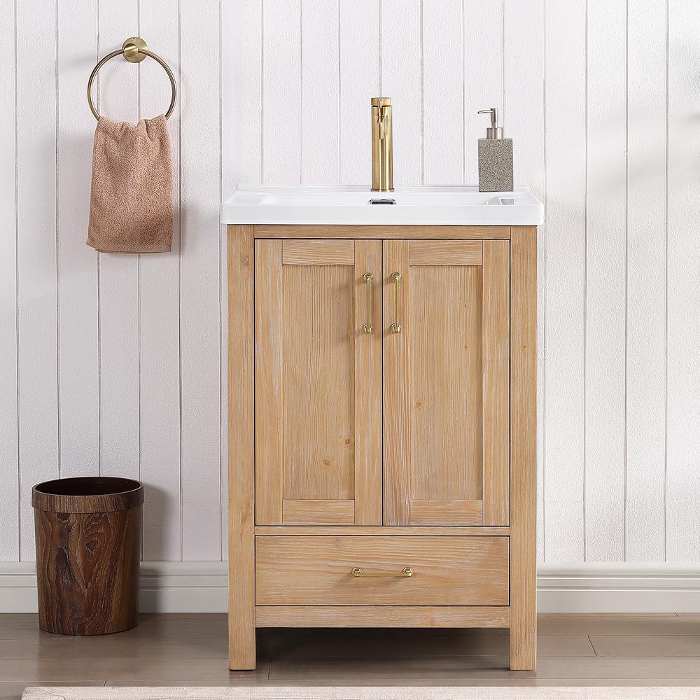 Single Sink Bath Vanity in Fir Wood Brown with Drop-In White Ceramic Basin