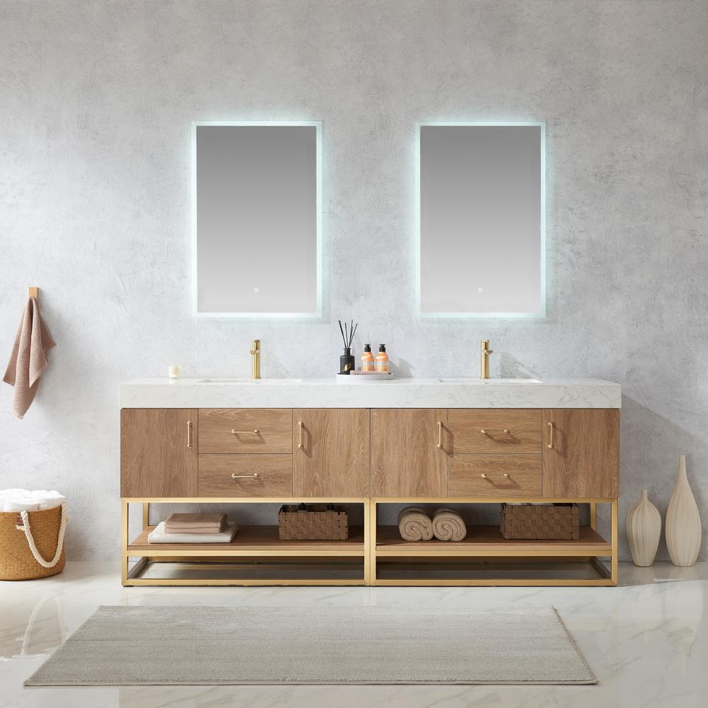 84" Double Sink Bath Vanity with White Grain Stone Countertop and Mirror