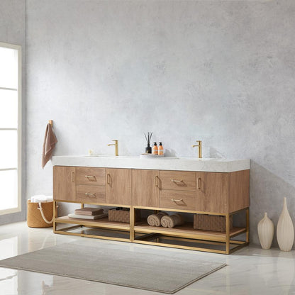 84" Double Sink Bath Vanity with White Grain Stone Countertop