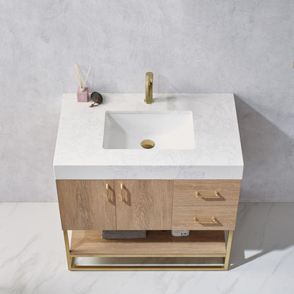 36" Single Vanity with White Grain Stone Countertop Without Mirror