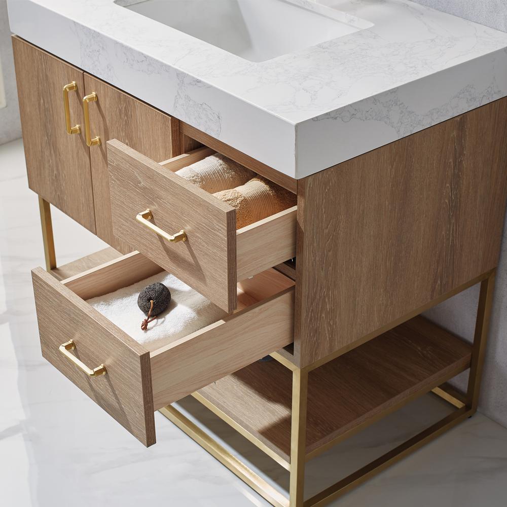 36" Single Vanity with White Grain Stone Countertop Without Mirror