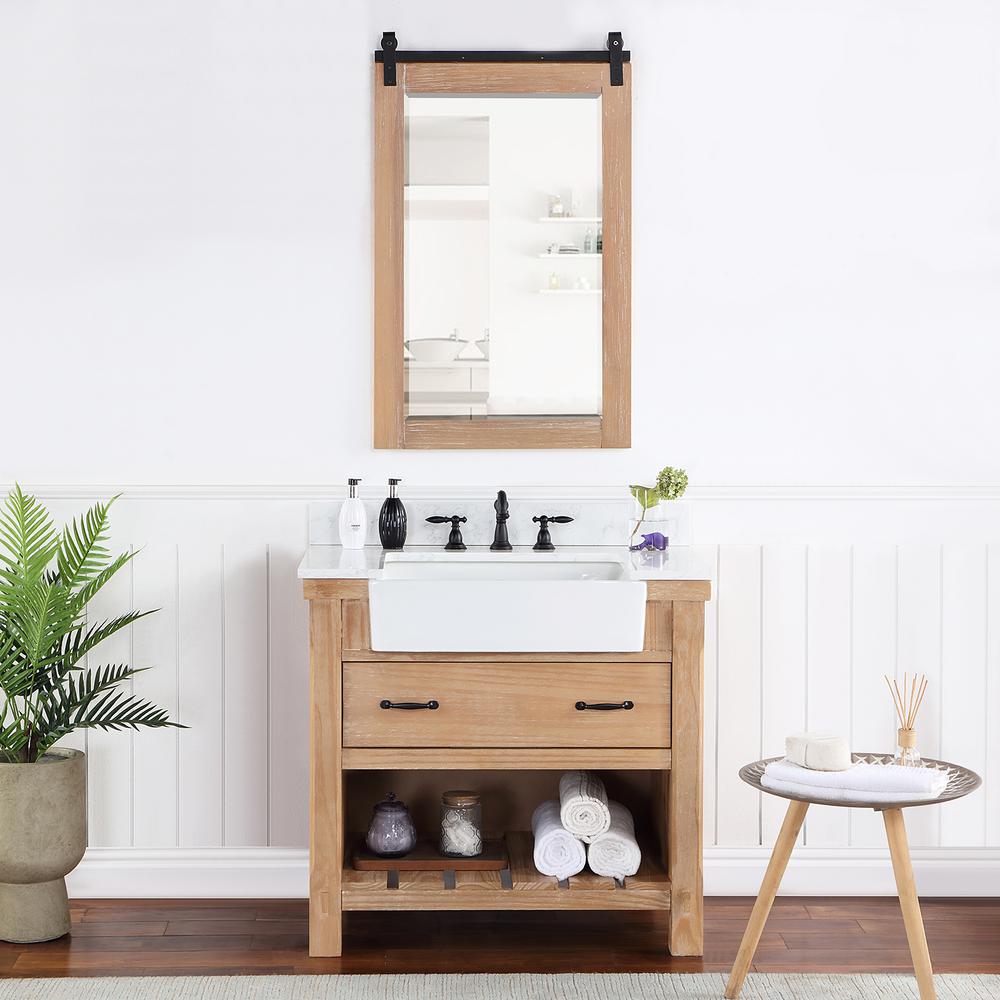 Single Bath Vanity with Composite Stone Top, White Farmhouse Basin and Mirror