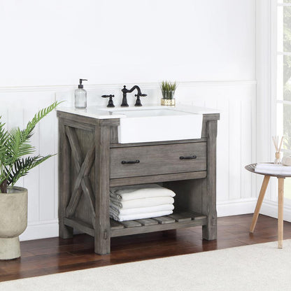 Single Bath Vanity with Composite Stone Top, White Farmhouse Basin