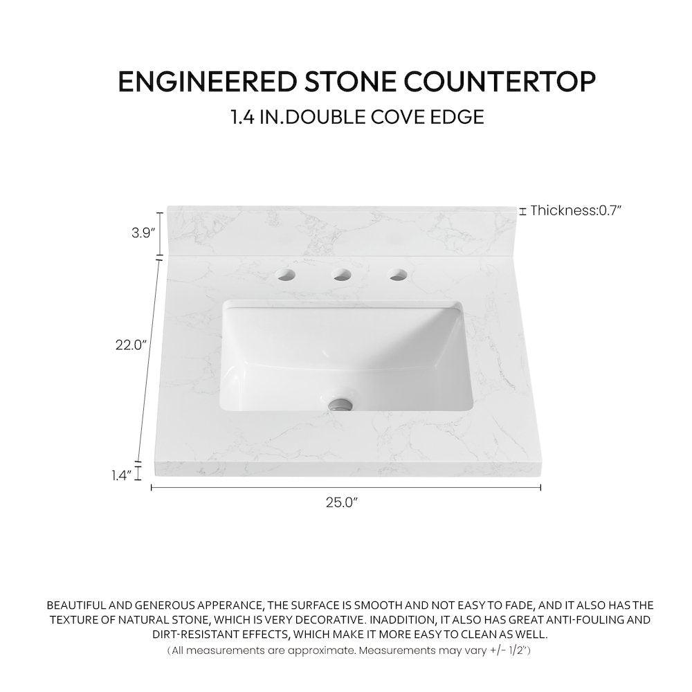 Composite Stone Vanity Top in Grain White with White Rectangular Single Sink