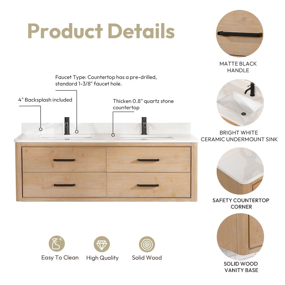 Cristo 60M" Floating Double Bath Vanity in Fir Wood Brown