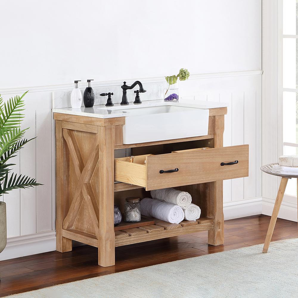 Single Bath Vanity with Composite Stone Top, White Farmhouse Basin