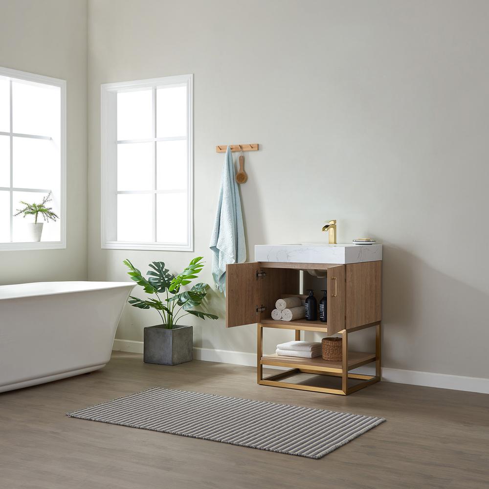 24" Single Vanity with White Grain Stone Countertop Without Mirror