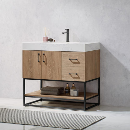 36B" Single Vanity with White Grain Stone Countertop Without Mirror