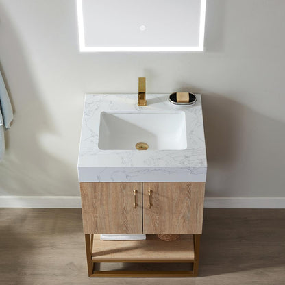 24" Single Vanity with White Grain Stone Countertop With Mirror