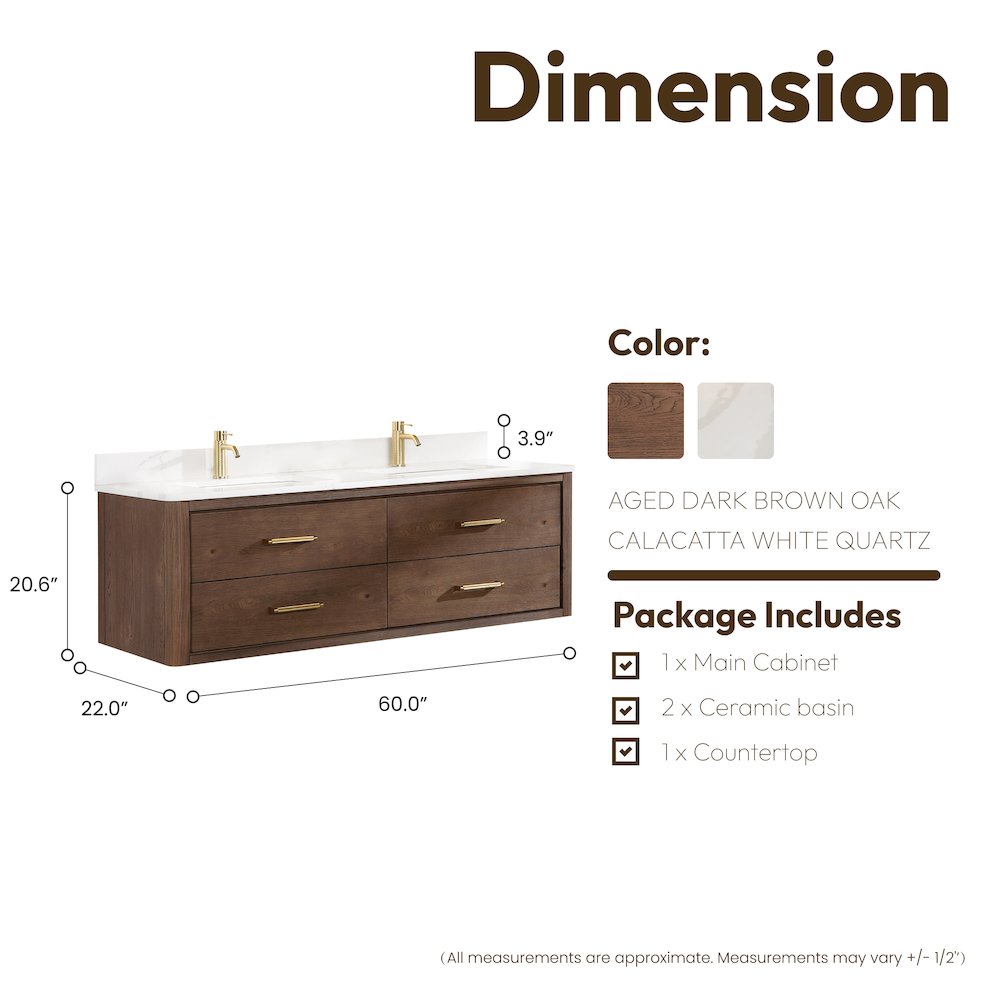 Cristo 60M" Floating Double Bath Vanity in Aged Dark Brown Oak