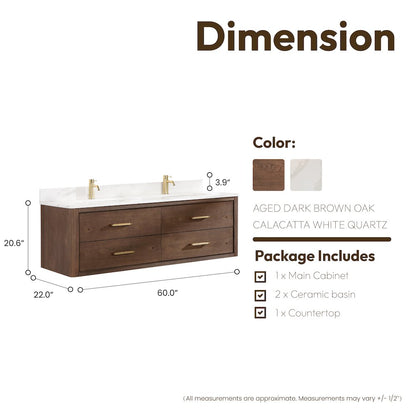Cristo 60M" Floating Double Bath Vanity in Aged Dark Brown Oak