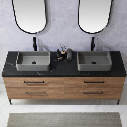 Double Sink Bath Vanity with Sintered Stone Top with Concrete Sink and Mirror