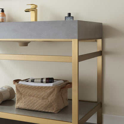 Single Sink Bath Vanity Metal Support with Grey Sintered Stone Top and Mirror
