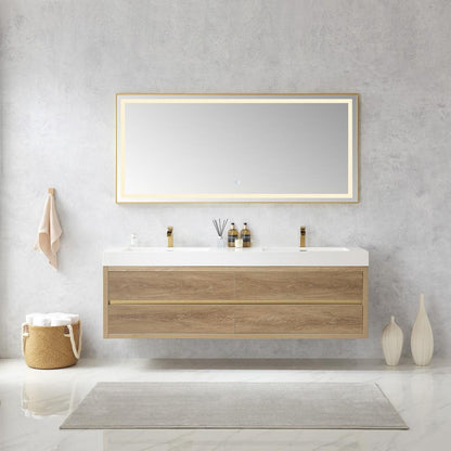 Double Sink Wall-Mount Bath Vanity Composite Integral Sink Top and Mirror