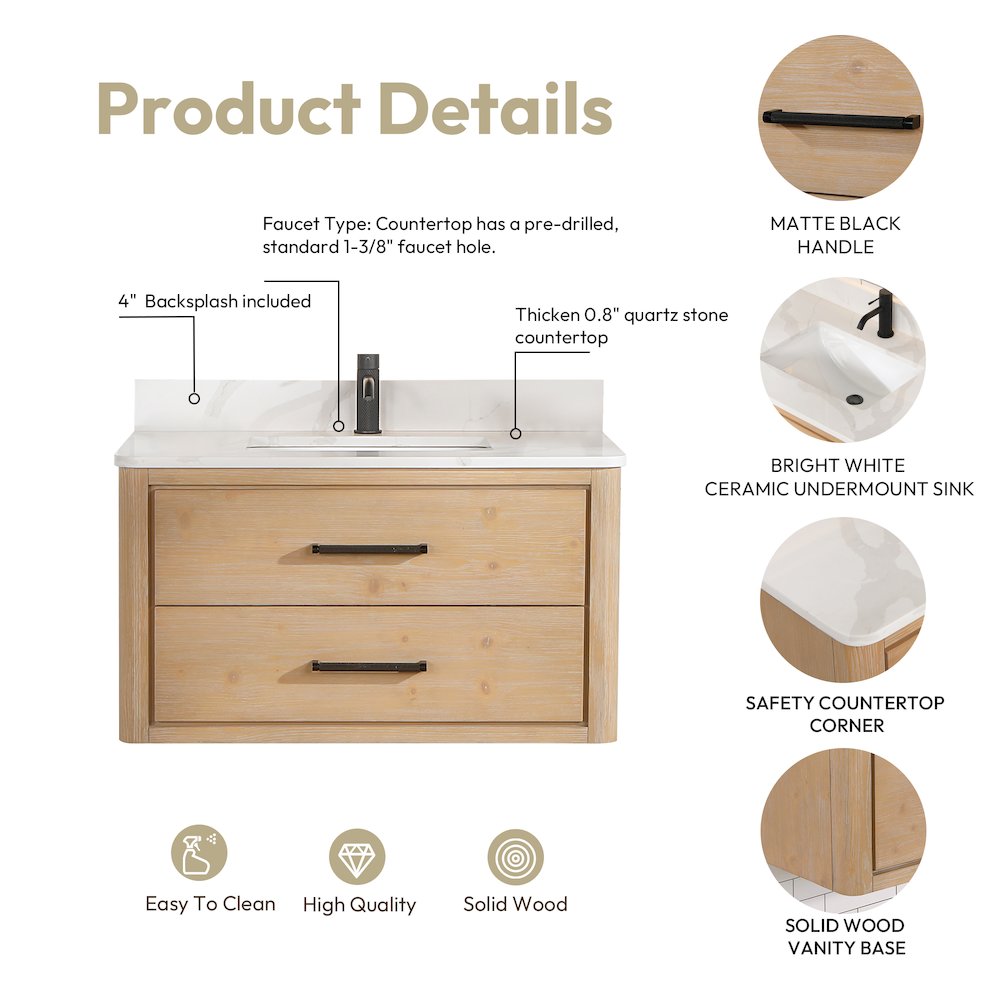 Cristo 36" Floating Single Bath Vanity in Fir Wood Brown
