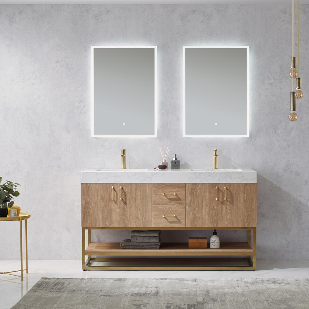 60" Double Vanity with White Grain Stone Countertop With Mirror