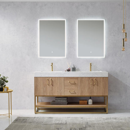 60" Double Vanity with White Grain Stone Countertop With Mirror