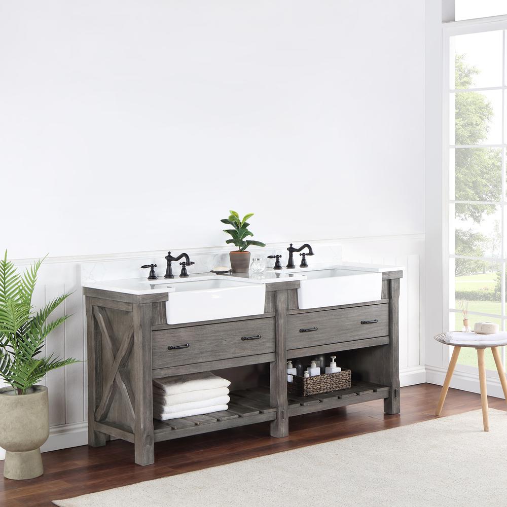 Double Bath Vanity with Composite Stone Top, White Farmhouse Basin
