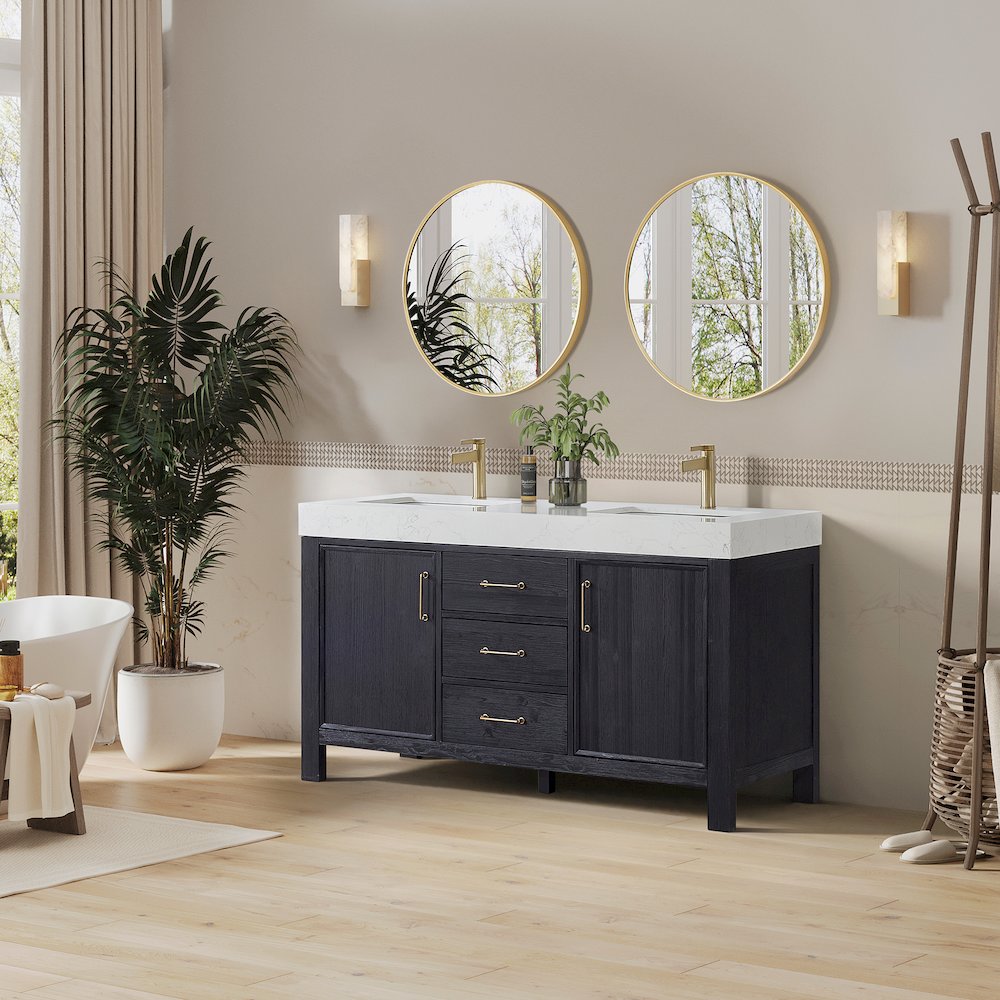 León 60in. Free-standing Double Bathroom Vanity in Fir Wood Black