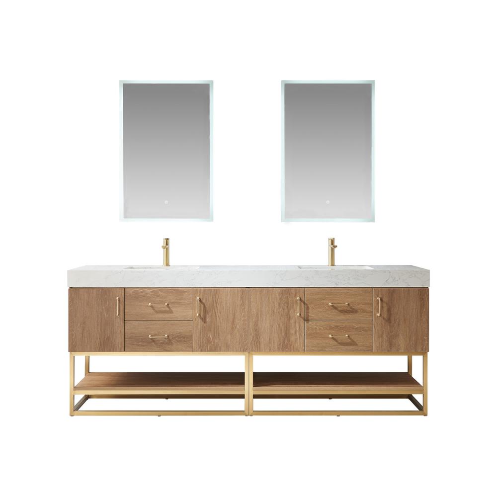 84" Double Sink Bath Vanity with White Grain Stone Countertop and Mirror