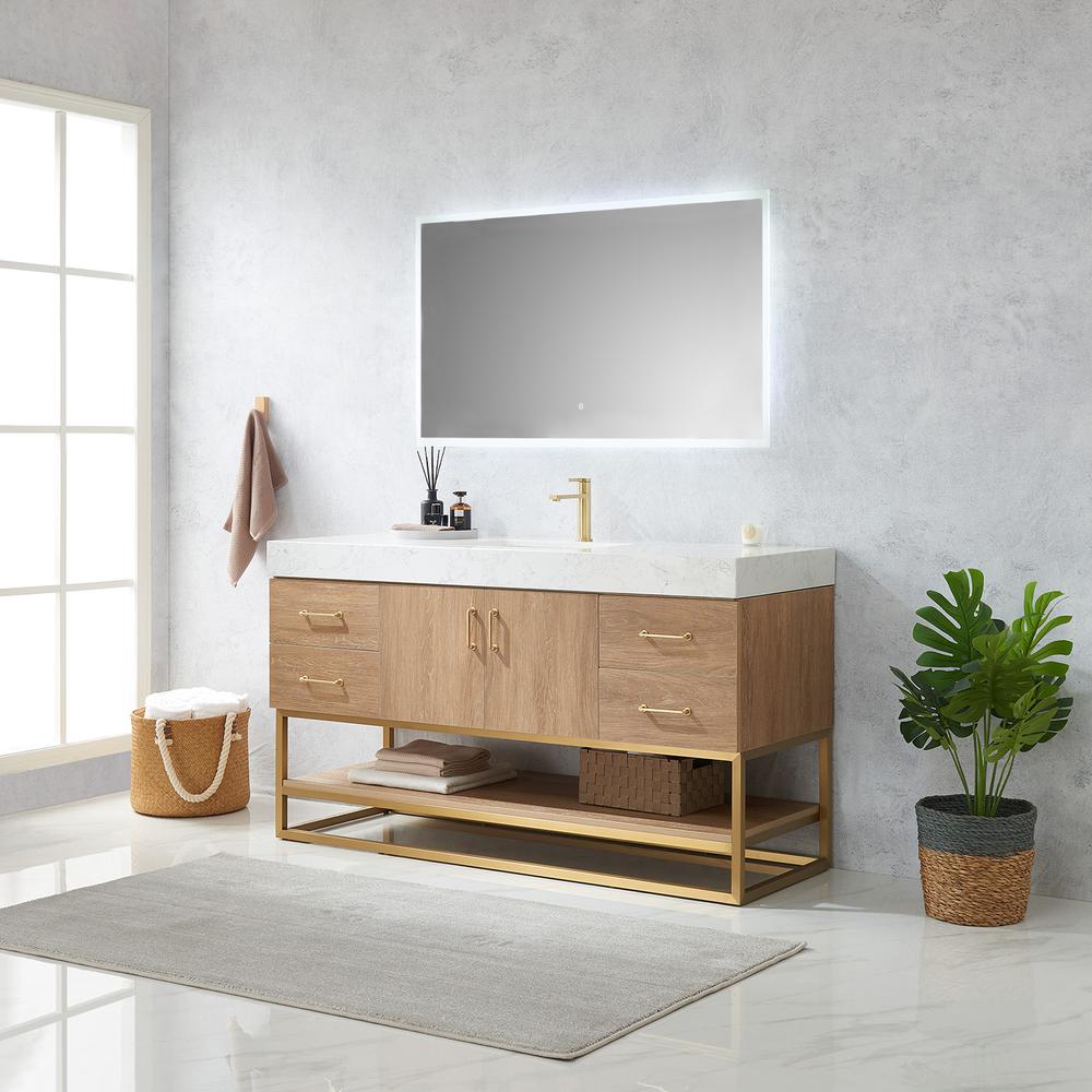 60" Single Sink Bath Vanity with White Grain Stone Countertop and Mirror
