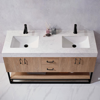 60B" Double Vanity with White Grain Stone Countertop Without Mirror