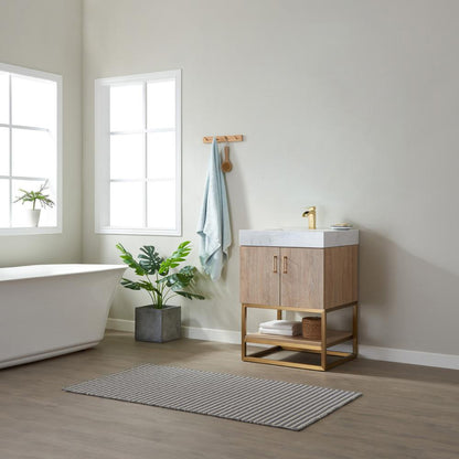 24" Single Vanity with White Grain Stone Countertop Without Mirror