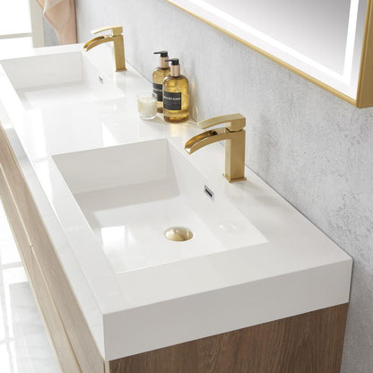Double Sink Wall-Mount Bath Vanity Composite Integral Sink Top and Mirror