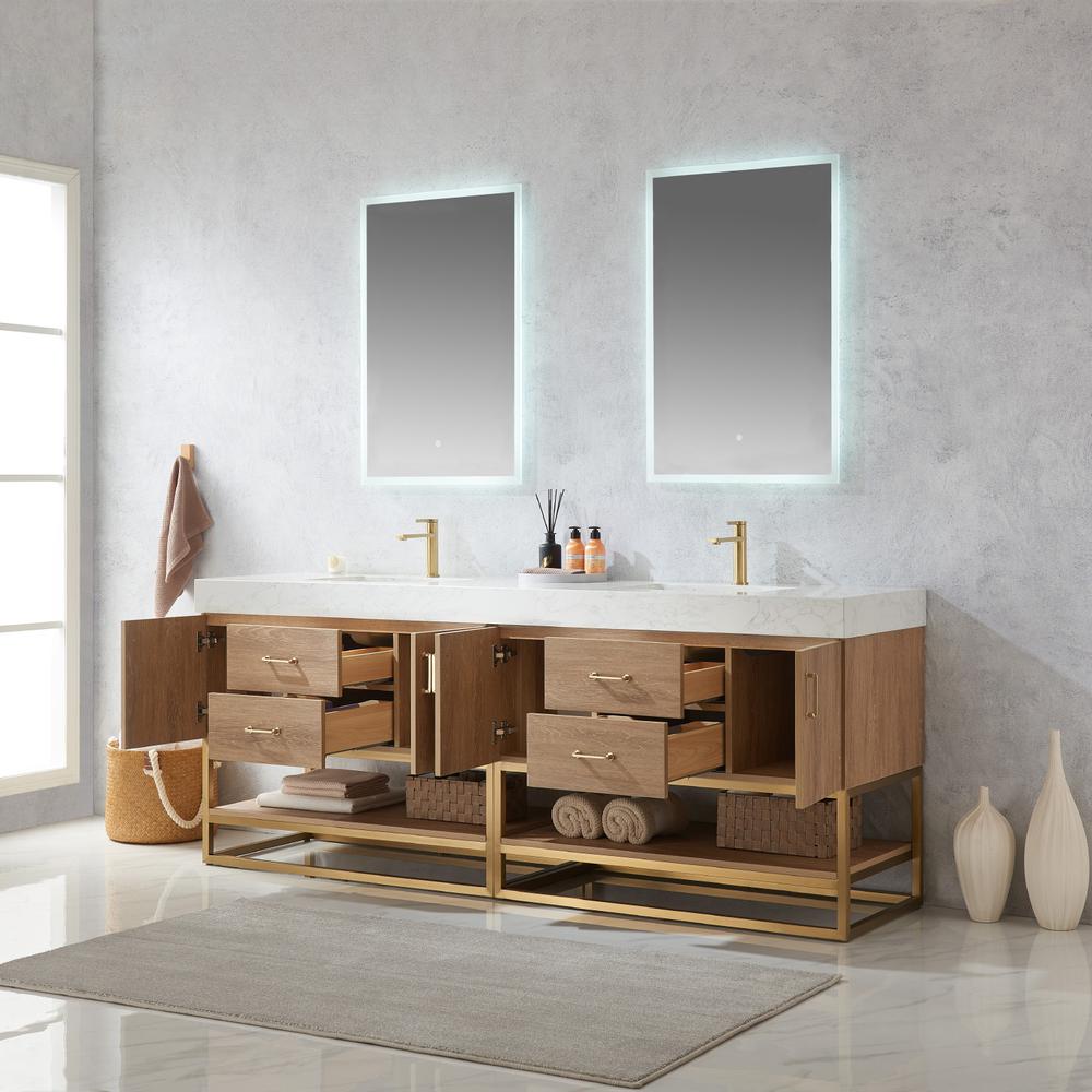 84" Double Sink Bath Vanity with White Grain Stone Countertop and Mirror